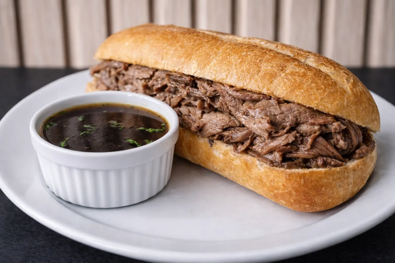 Beef Dip - Famous hot beef sandwich with au jus at Steve's Famous Sandwich Co Edmonton